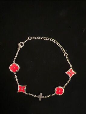 Red Floral Designer Inspired Clover Charm Chain Bracelet